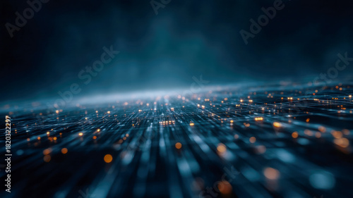 Futuristic network grid digital data information technology background glowing dots blur depth cyber wave abstract light pattern motion perspective connect energy