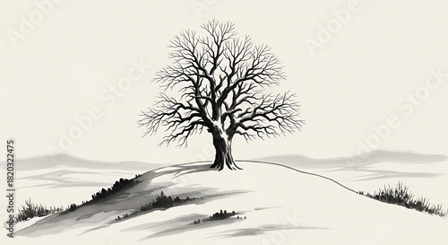Solitary bare tree stands atop a snow dusted hill under a pale sky in minimalist ink wash painting style