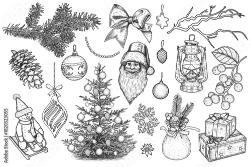  Hand draw set of vintage Christmas design elements. Gifts, Christmas tree, New Year decor. Vector illustration.