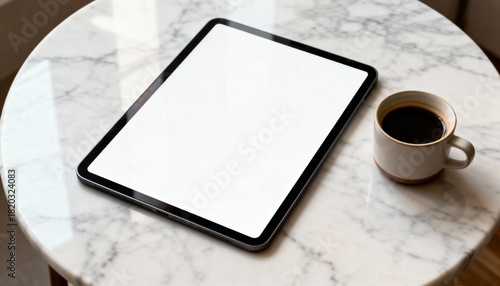 tablet mockup on marble tabletop, top down angle, blank screen for portfolio
