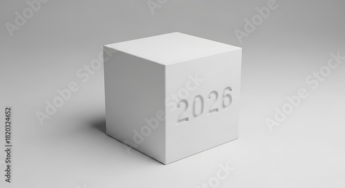 Minimalist 3d render of a white rectangular prism with the year 2026 embossed on its surface
