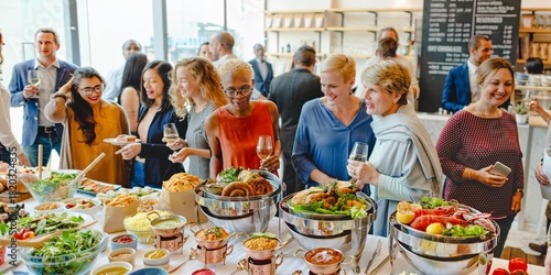 Diverse group enjoying buffet. Men and women of various ethnicities gather around a table filled with food, sharing a meal and conversation at a social event. People at event and buffet at restaurant