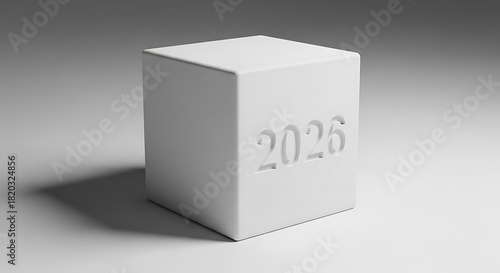 Minimalist white rectangular block with the year 2026 subtly embossed on its side against a gradient gray background