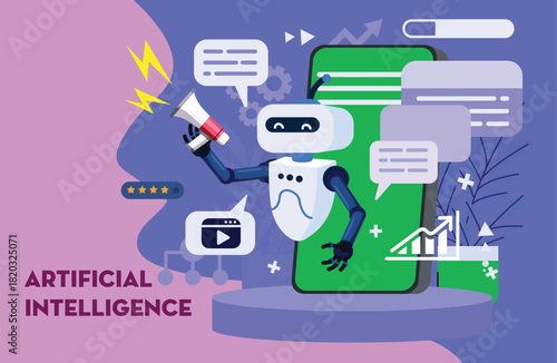 AI-Powered Digital Marketing showcases a friendly robot holding a megaphone, surrounded by various digital marketing elements like chat bubbles, social media icons, and analytics graphs