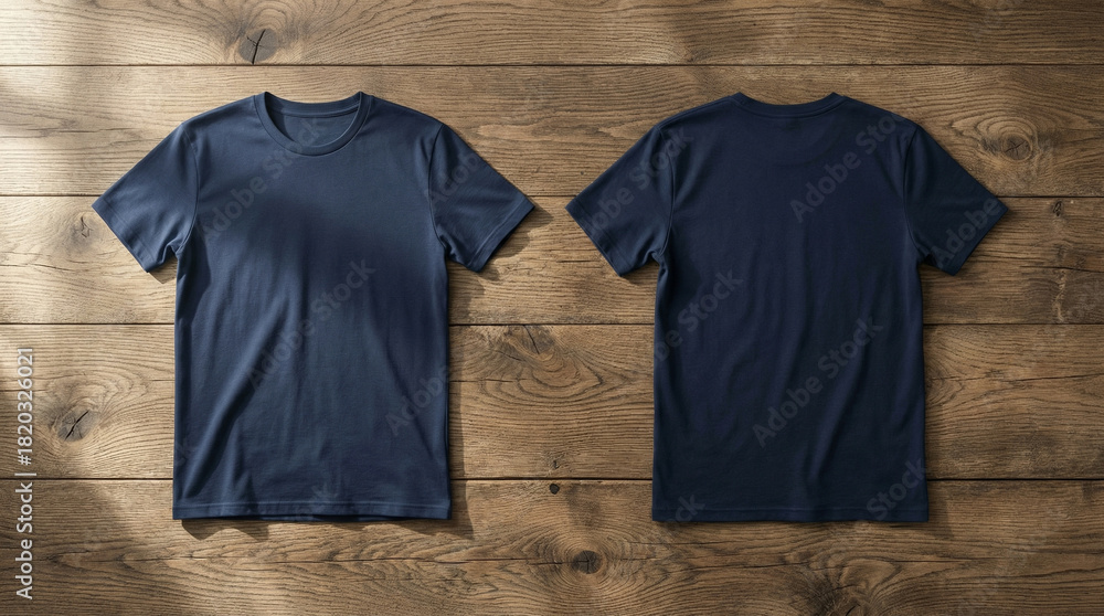 Obraz premium Blank Navy Blue T-Shirt Front Back Wooden Background