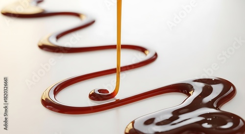 A luscious stream of golden honey elegantly cascades and swirls across a clean white surface creating a beautiful abstract pattern