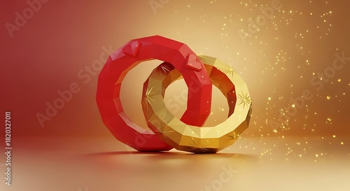 Intertwined abstract geometric rings in vibrant red and golden hues with sparkling bokeh background