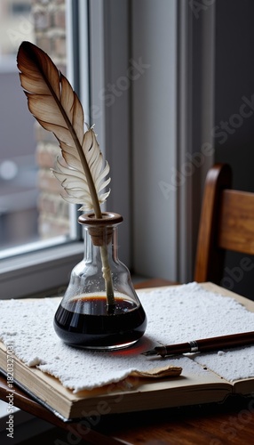 Vintage Feather Quill and Ink Bottle on Open Book by Sunlit Brick Windowsill Capturing Old World Ambiance