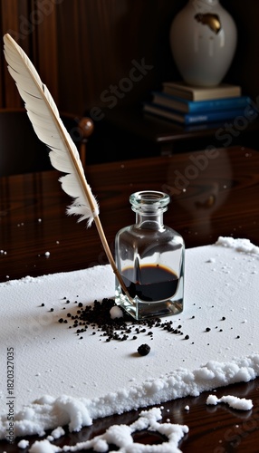 Elegant Feather Quill and Ink Bottle on Rustic Wooden Desk with Covered Paper in Cozy Study Environment