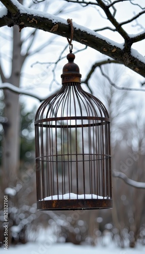 Rustic Birdcage on Snow-Covered Tree Branch in Serene Winter Forest Creating a Vintage Aesthetic with a Sense of Freedom and Solitude
