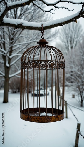Rustic empty birdcage hanging on a snow-covered tree branch creating a serene winter scene with a blurred snowy landscape in the background