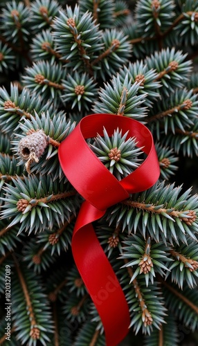 Festive Red Ribbon Gracefully Tied Around Lush Evergreen Pine Branches with Pinecone in a Holiday Winter Themed Nature Photography Setting