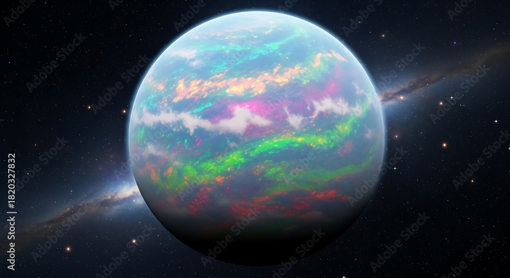 Fototapeta premium Iridescent Exoplanet with Colorful Clouds in Deep Space.