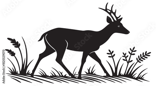 Black silhouette of a majestic deer walking through a grassy field design. Vector