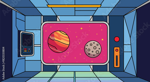 Spaceship interior cartoon illustration with planets and stars view