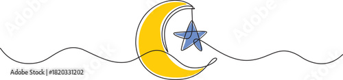 Half moon and star. Ramadan Kareem theme minimal one continuous line drawing on white background. 
