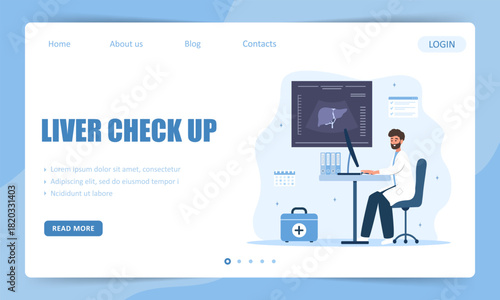 Liver check up concept. Landing page template. Hepatic disease management. Hepatologist developing treatment protocol for severe cirrhosis or liver cancer. Cartoon Vector illustration.