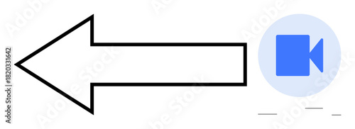 Bold left arrow guiding focus to blue video camera icon within a circle. Ideal for navigation, media control, streaming, recording, video editing, playback, progress tracking, simple flat metaphor
