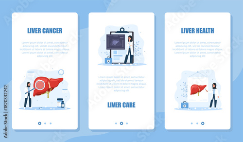 Hepatology banner set. Liver disease set. Medical examination and therapy by hepatologist for diagnosis and prevention. Vector design.