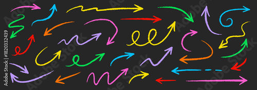 Arrow crayon pastel pencil chalk color line stroke. Sketch chalk pastel color pencil texture line kid fun arrow icon. Hand drawn grunge crayon pencil brush direction elements. Vector illustration