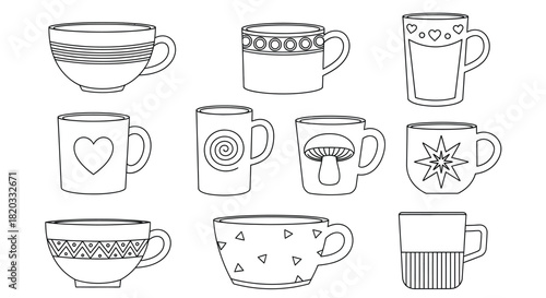 Coloring page of cute mugs and cups vector illustration design