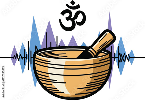 Tibetan singing bowl with om symbol and sound waves vector illustration