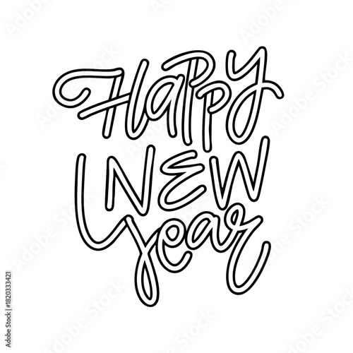 Hand drawn happy new year lettering in a playful outline style with smooth curves and festive decorative dots