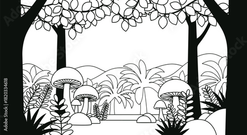 Cartoon forest landscape with mushrooms trees and mountain scenery