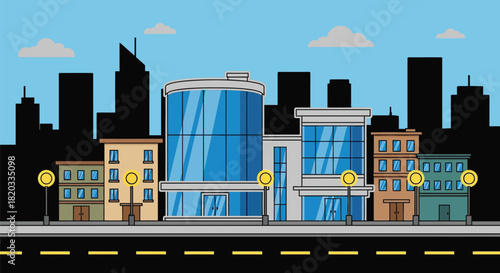 Cityscape illustration with buildings and street lights vector art