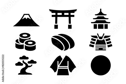 Japanese Culture Icons Set – Japan Symbols Silhouette Vector: Mt. Fuji, Torii Gate, Sushi, Kimono, Samurai, Bonsai