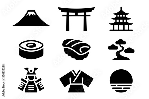 Japanese Culture Icons Set – Japan Symbols Silhouette Vector: Mt. Fuji, Torii Gate, Sushi, Kimono, Samurai, Bonsai