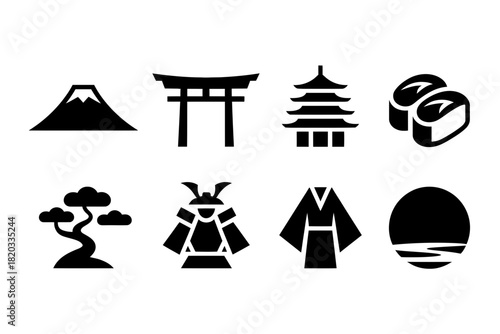 Japanese Culture Icons Set – Japan Symbols Silhouette Vector: Mt. Fuji, Torii Gate, Sushi, Kimono, Samurai, Bonsai