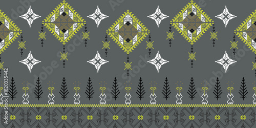Geometric cross-stitch ethnic pattern traditional.  Pixel pattern. Design for background, carpet, wallpaper, clothing, wrapping, batik, fabric, and vector illustration embroidery style.