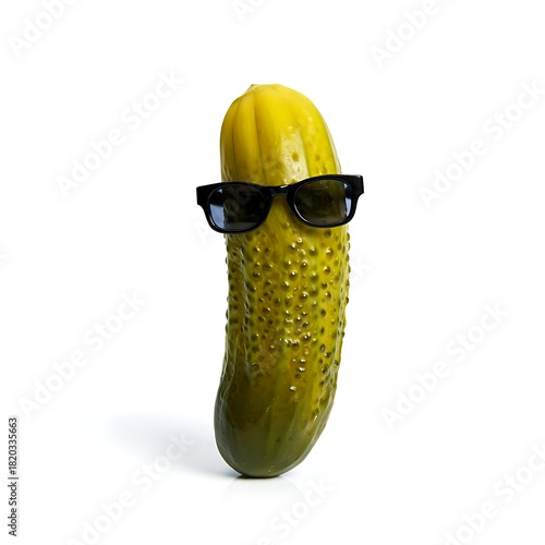 A single pickle wearing sunglasses, standing upright against a clean white background.