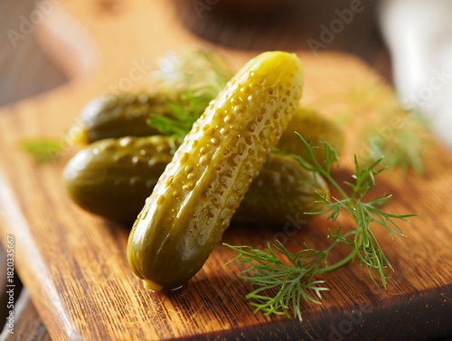 Close-up of three pickled cucumbers with fresh dill on a wooden cutting board.