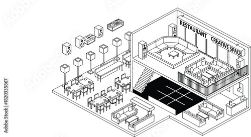 Restaurant creative space isometric view interior design concept