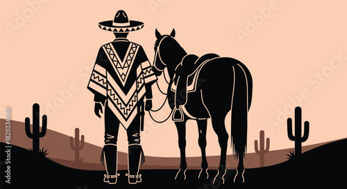 Vector illustration of mexican cowboy and horse in desert landscape