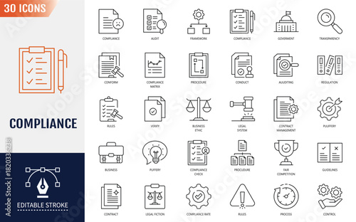 Compliance icon set. compliance, regulatory, governance, corporate, transparency, regulations and more. Editable stroke. Vector illustration