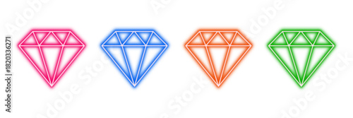 Neon glowing diamond vector icons set, jewel, gem, wealth, luxury, vibrant colorful design illustration on  transparent background.