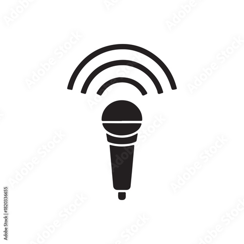 Solid filled microphone icon with upward radiating waves for live broadcast signal.