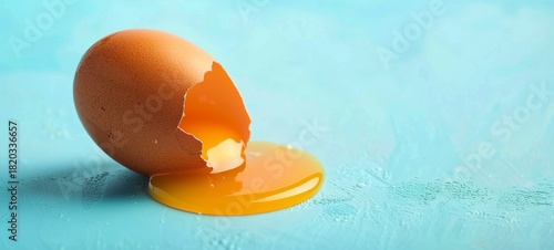 Close up of a cracked egg yolk on a minimal textured background with plenty of copy space  The egg yolk is in the center of the frame surrounded by the broken eggshell creating a simple natural