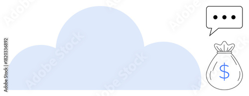 Large cloud with a speech bubble and a money bag representing digital communication, financial transactions, online storage, cloud economy, remote collaboration, global connection, and fintech. A