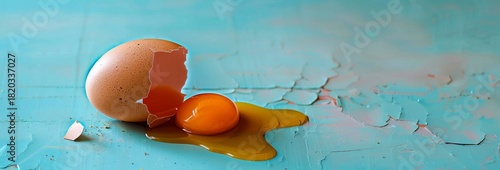 Broken egg with vibrant orange yolk spilling over a turquoise cracked and textured background  Minimalist