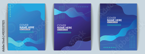Memphis style abstract cover design templates with fluid waves and geometric elements
