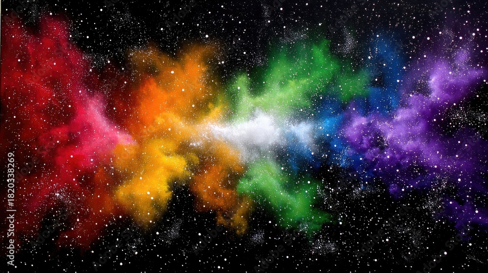 Naklejka premium A vibrant, colorful nebula resembling a rainbow stretches across a dark, star-filled sky. The cosmic cloud displays distinct bands of red, orange, yellow, green