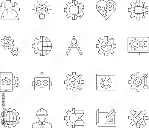 Engineering Line Icons - Set of 20 Editable Stroke Symbols for Technology, Industry, Robotics, and STEM