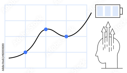 Growth concept. Growth with upward arrows, data points on a line graph, and a battery energy. Growth in innovation, progress, business strategy, and personal development. Ideal for tech business