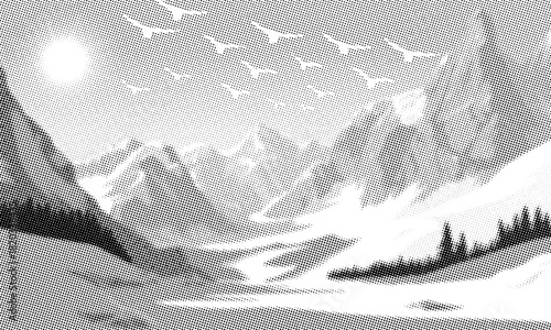 Mountain landscape, noisy stippled grainy texture, halftone dots, vector design