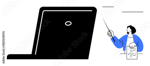 Large black laptop with a professional holding a document and pointing with a stick. Ideal for education, training, remote work, online learning, presentations, business strategy, and teaching simple