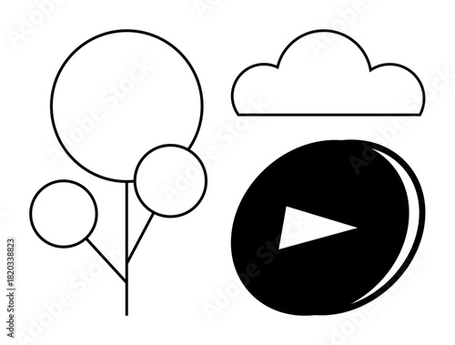 Simplified tree, cloud, and bold play button represent nature, media, technology, sustainability, growth. Ideal for eco-friendly media, environment digital concepts energy conservation creative